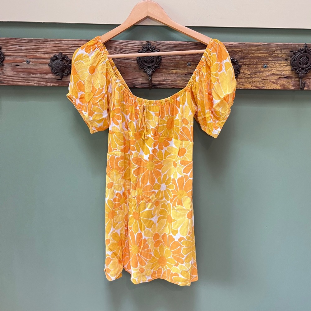 Faithfull The Brand Yellow Orange Floral Mini Dress Smocked Back Puff Sleeve M